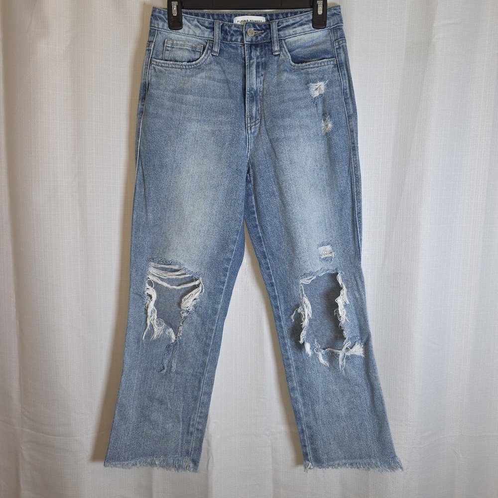Flying Monkey Women 26 Distressed Straight Mom Jeans Holes In Knee high Rise